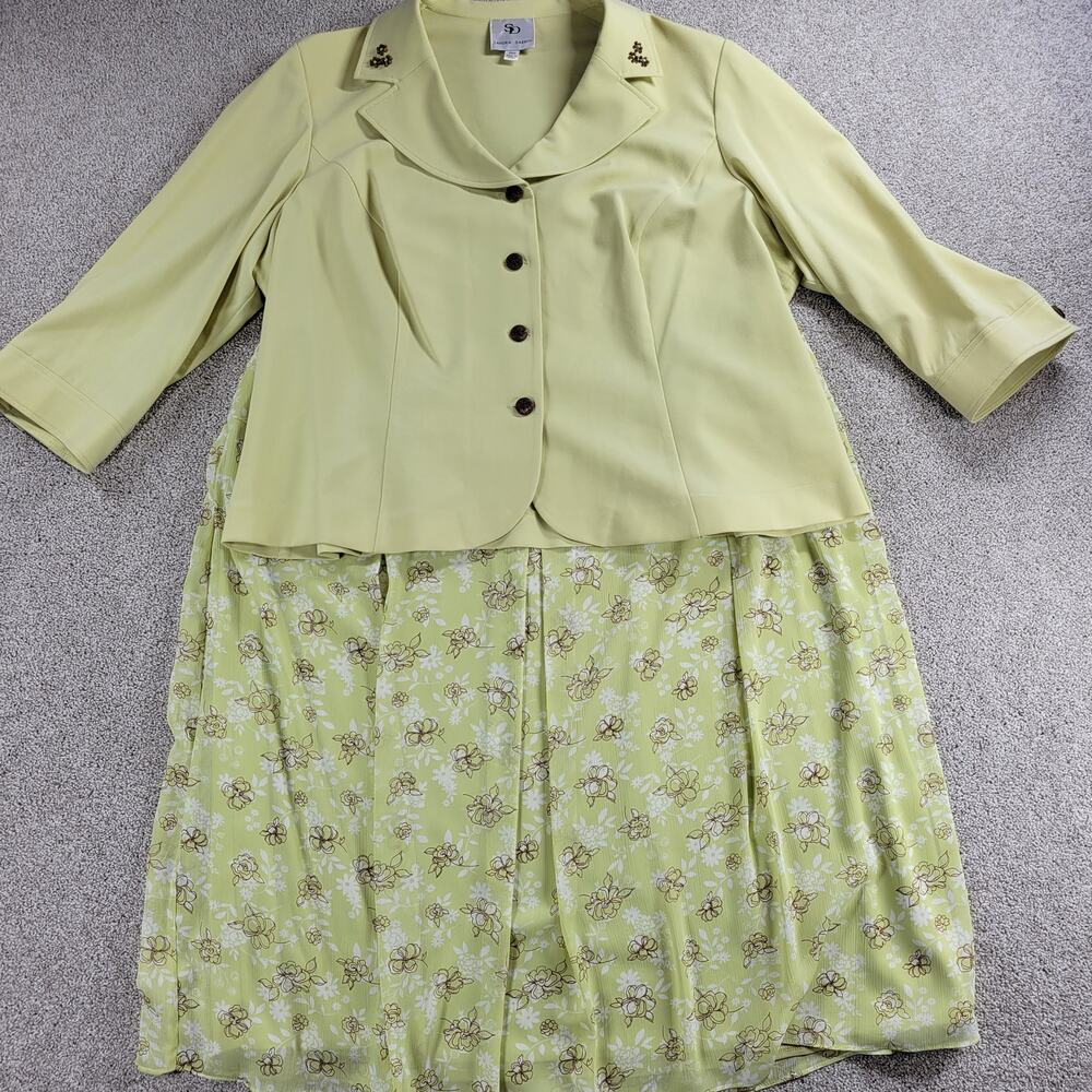 Sandra Darren Womens Suit Set 24W Green 2 Piece Jacket Floral Midi Skirt Career